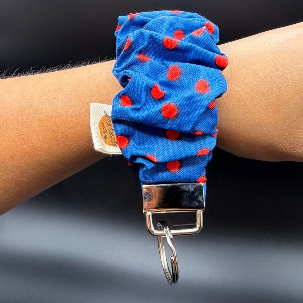 Handmade One Size Scrunchie Key Fob Wristlet Womens Blue Red Polka Dot Cotton